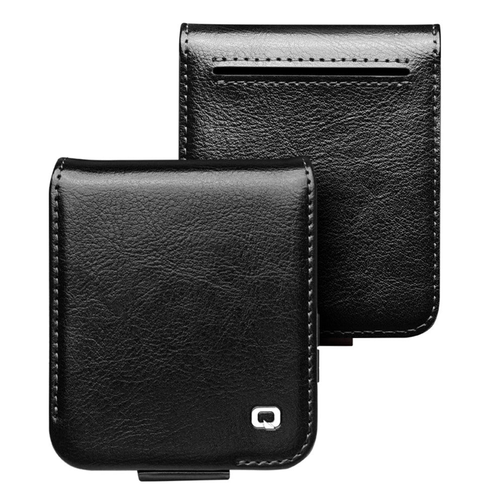 QIALINO For Samsung Galaxy Z Flip7 FE 5G / Z Flip6 5G Case TPU+Genuine Cow Leather Folio Flip Phone Cover - Black