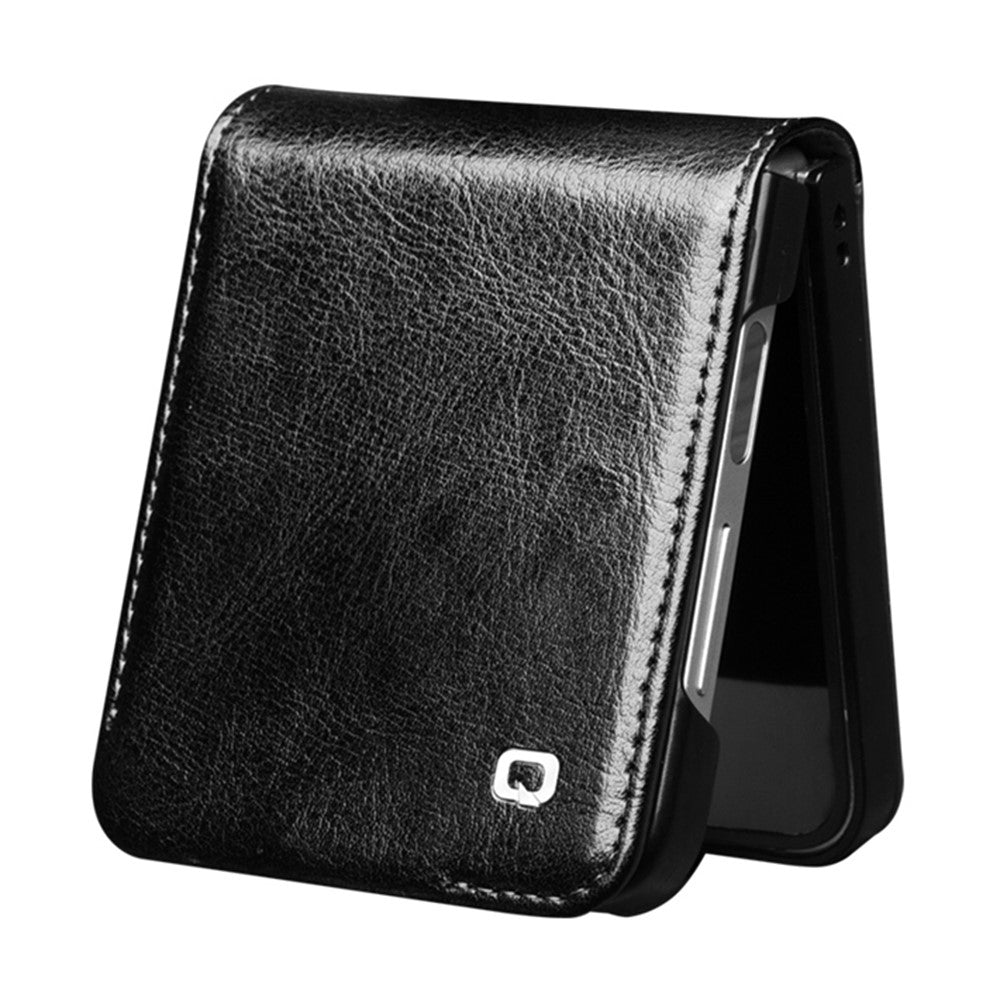 QIALINO For Samsung Galaxy Z Flip7 FE 5G / Z Flip6 5G Case TPU+Genuine Cow Leather Folio Flip Phone Cover - Black