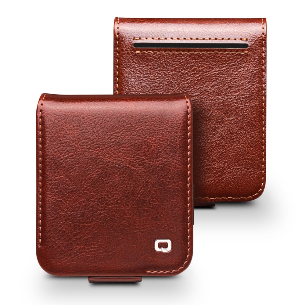 QIALINO For Samsung Galaxy Z Flip7 FE 5G / Z Flip6 5G Case TPU+Genuine Cow Leather Folio Flip Phone Cover - Brown