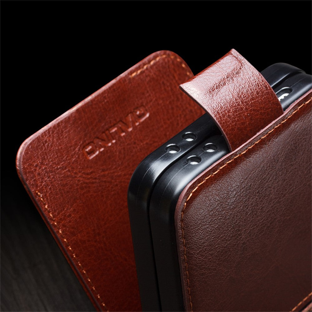 QIALINO For Samsung Galaxy Z Flip7 FE 5G / Z Flip6 5G Case TPU+Genuine Cow Leather Folio Flip Phone Cover - Brown