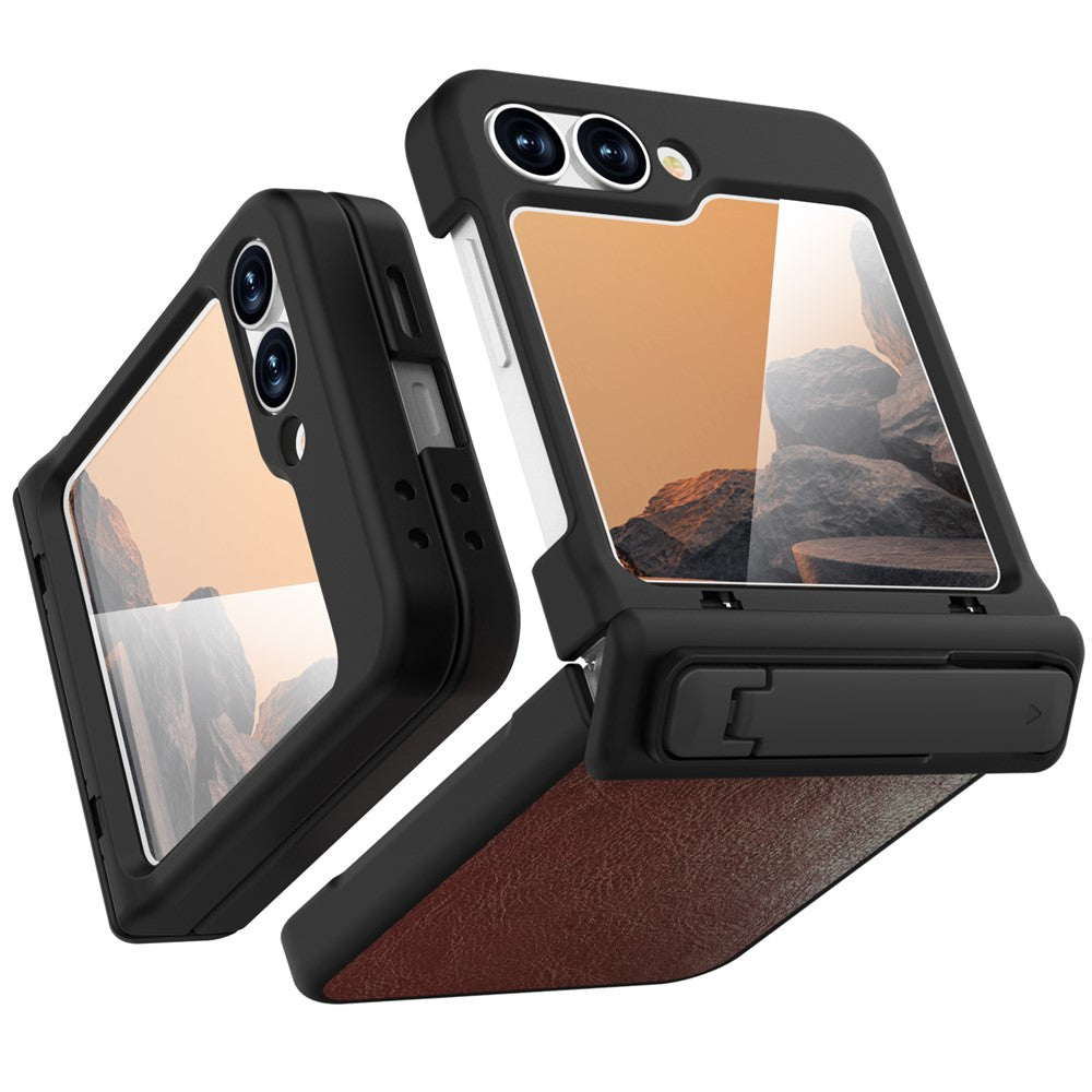 GW181 For Samsung Galaxy Z Flip7 FE 5G / Z Flip6 5G Case Crazy Horse Texture PU+PC Phone Cover with Kickstand - Orange Red