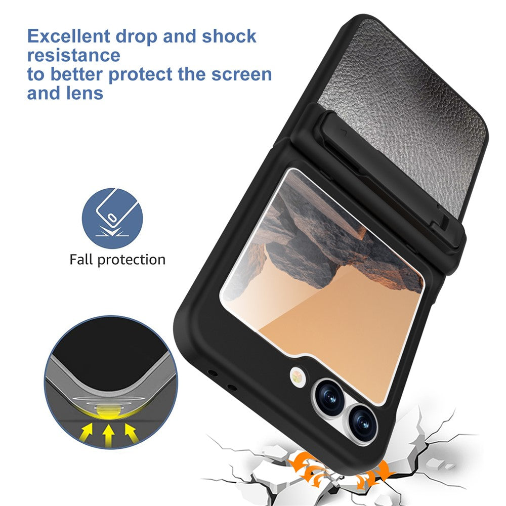 GW181 For Samsung Galaxy Z Flip7 FE 5G / Z Flip6 5G Case Litchi Texture PU+PC Kickstand Phone Cover - Black