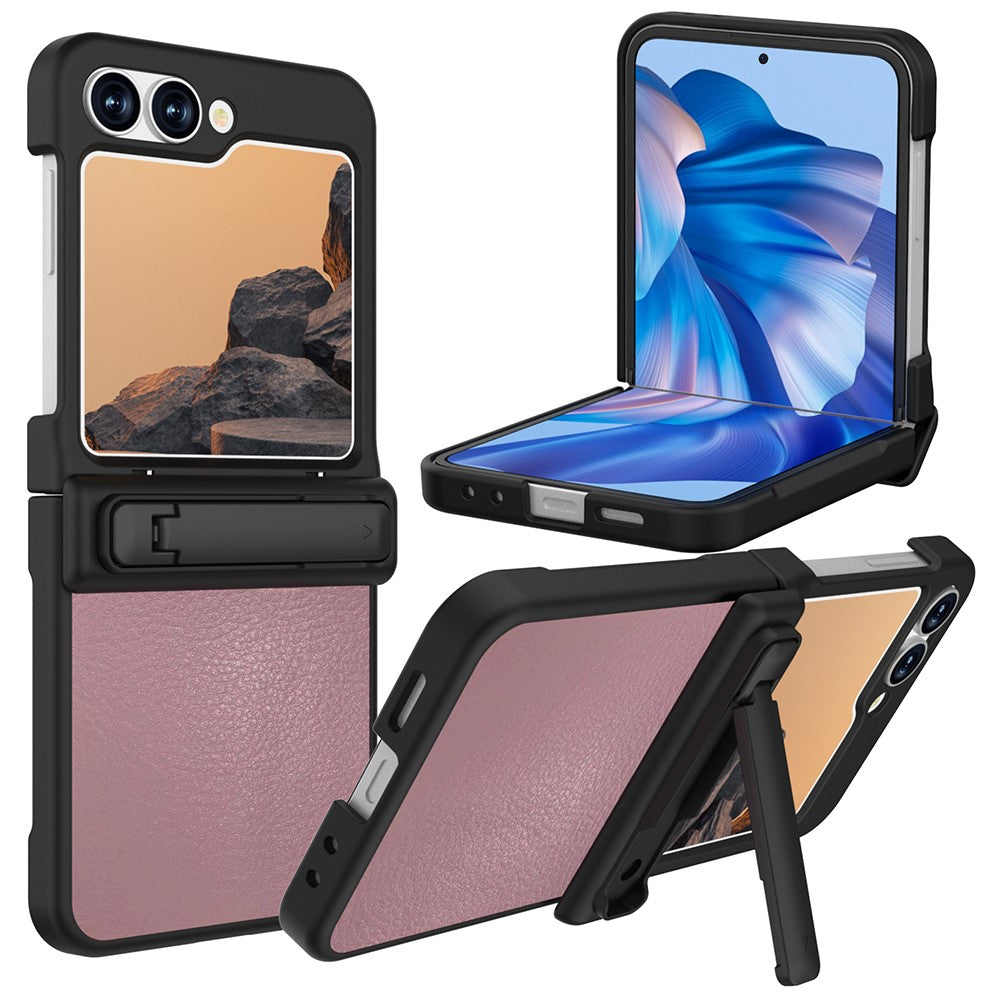 GW181 For Samsung Galaxy Z Flip7 FE 5G / Z Flip6 5G Case Litchi Texture PU+PC Kickstand Phone Cover - Light Pink