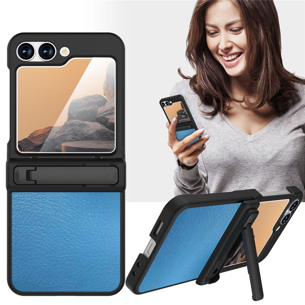 GW181 For Samsung Galaxy Z Flip7 FE 5G / Z Flip6 5G Case Litchi Texture PU+PC Kickstand Phone Cover - Baby Blue