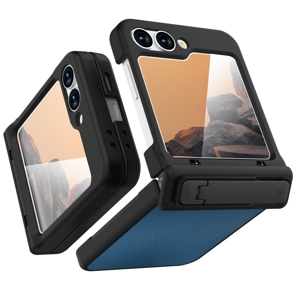 GW181 For Samsung Galaxy Z Flip7 FE 5G / Z Flip6 5G Case Litchi Texture PU+PC Kickstand Phone Cover - Baby Blue