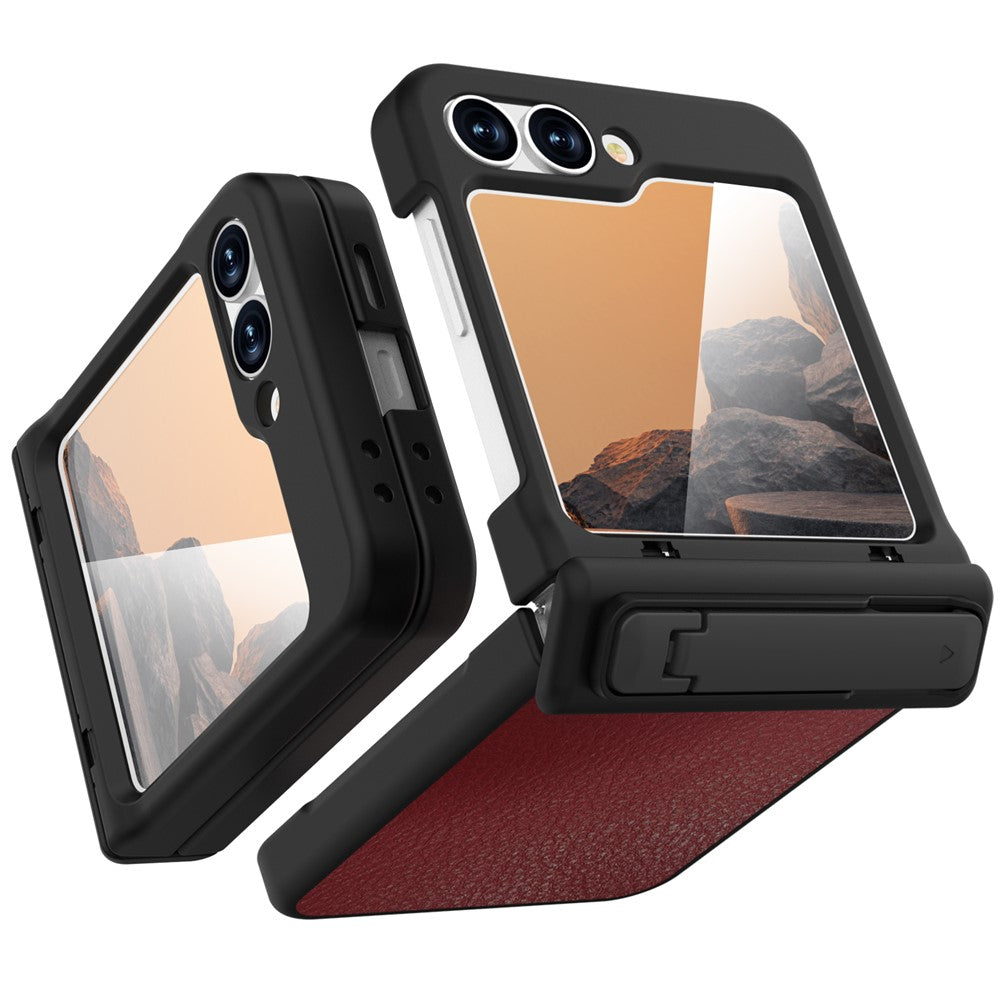 GW181 For Samsung Galaxy Z Flip7 FE 5G / Z Flip6 5G Case Litchi Texture PU+PC Kickstand Phone Cover - Dark Red