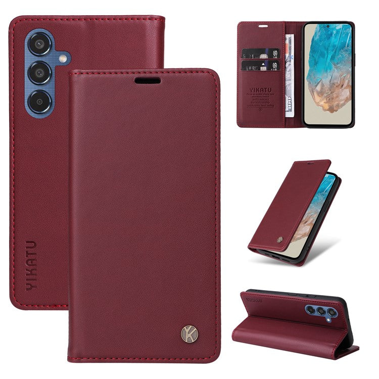 YIKATU YK-001 For Samsung Galaxy M35 5G Case Leather Flip Phone Cover Hidden Magnetic Absorption - Wine Red