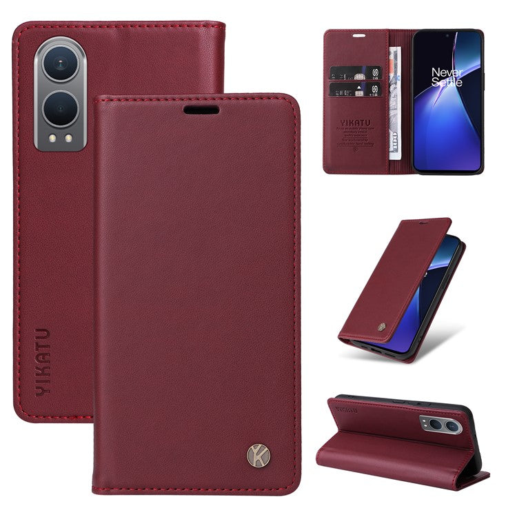 YIKATU YK-001 For OnePlus Nord CE4 Lite 5G / Oppo K12x 5G (China) Case Leather Phone Cover Magnetic Closure Bookstyle Stand - Wine Red