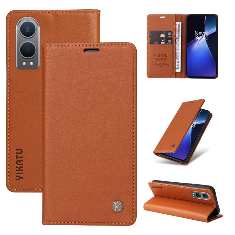 YIKATU YK-001 For OnePlus Nord CE4 Lite 5G / Oppo K12x 5G (China) Case Leather Phone Cover Magnetic Closure Bookstyle Stand - Brown