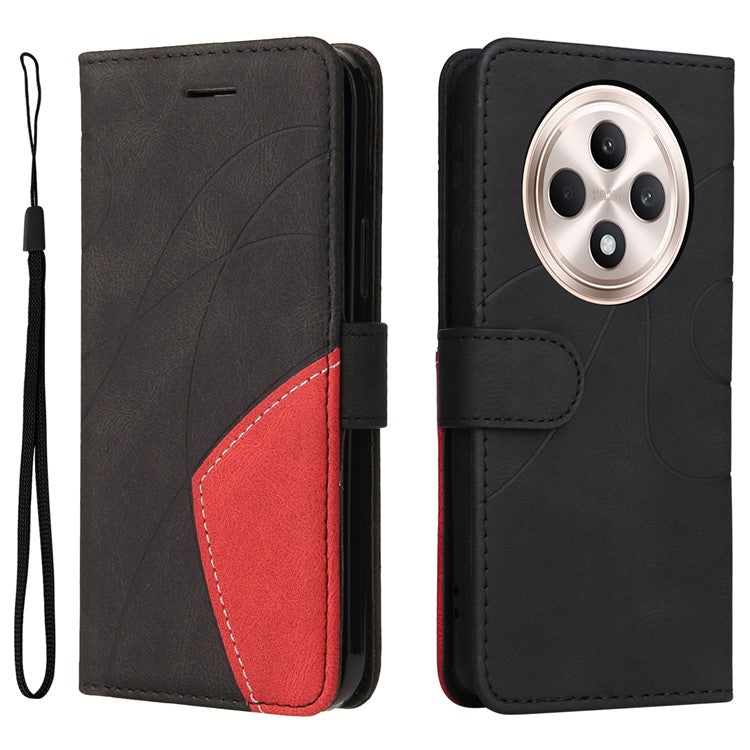KT Leather Series-1 For Oppo Reno12 F 4G Case Lines Pattern Wallet Phone Cover Color Splicing - Black