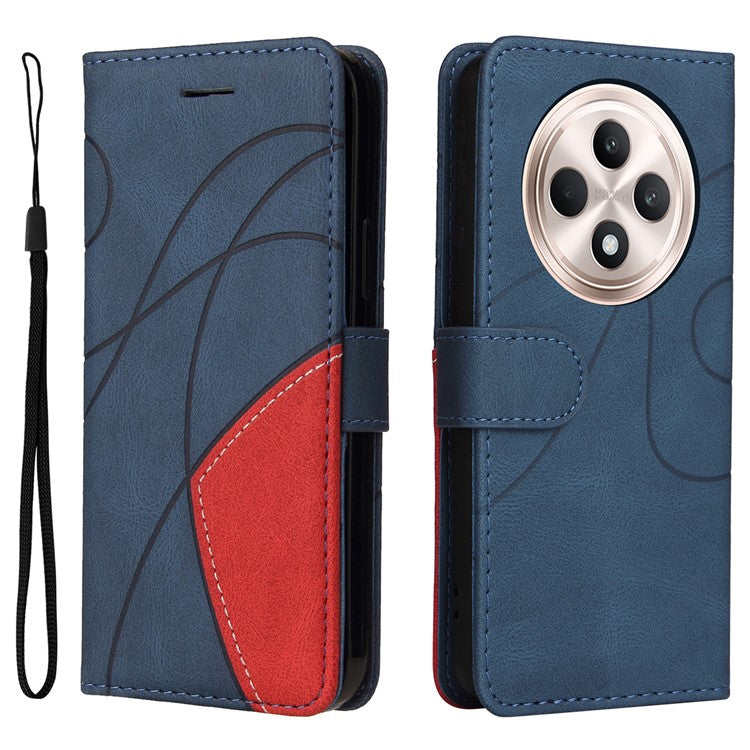 KT Leather Series-1 For Oppo Reno12 F 4G Case Lines Pattern Wallet Phone Cover Color Splicing - Blue