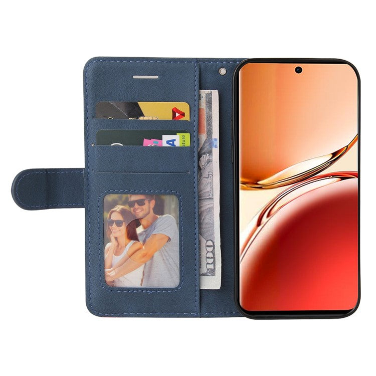 KT Leather Series-1 For Oppo Reno12 F 4G Case Lines Pattern Wallet Phone Cover Color Splicing - Blue