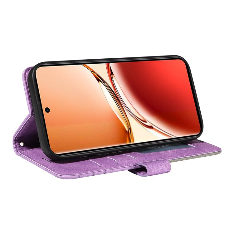 KT Leather Series-1 For Oppo Reno12 F 4G Case Lines Pattern Wallet Phone Cover Color Splicing - Light Purple