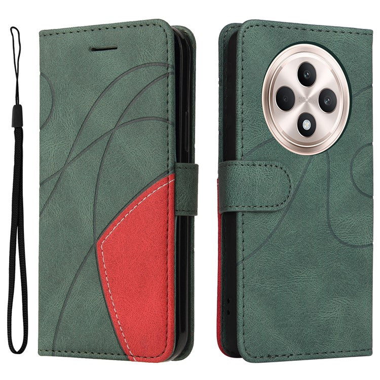 KT Leather Series-1 For Oppo Reno12 F 4G Case Lines Pattern Wallet Phone Cover Color Splicing - Green