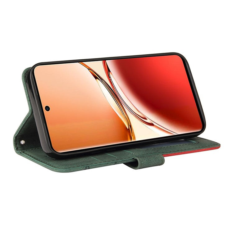 KT Leather Series-1 For Oppo Reno12 F 4G Case Lines Pattern Wallet Phone Cover Color Splicing - Green