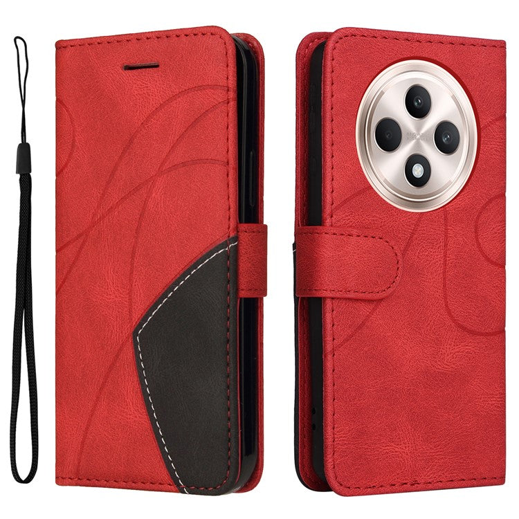 KT Leather Series-1 For Oppo Reno12 F 4G Case Lines Pattern Wallet Phone Cover Color Splicing - Red