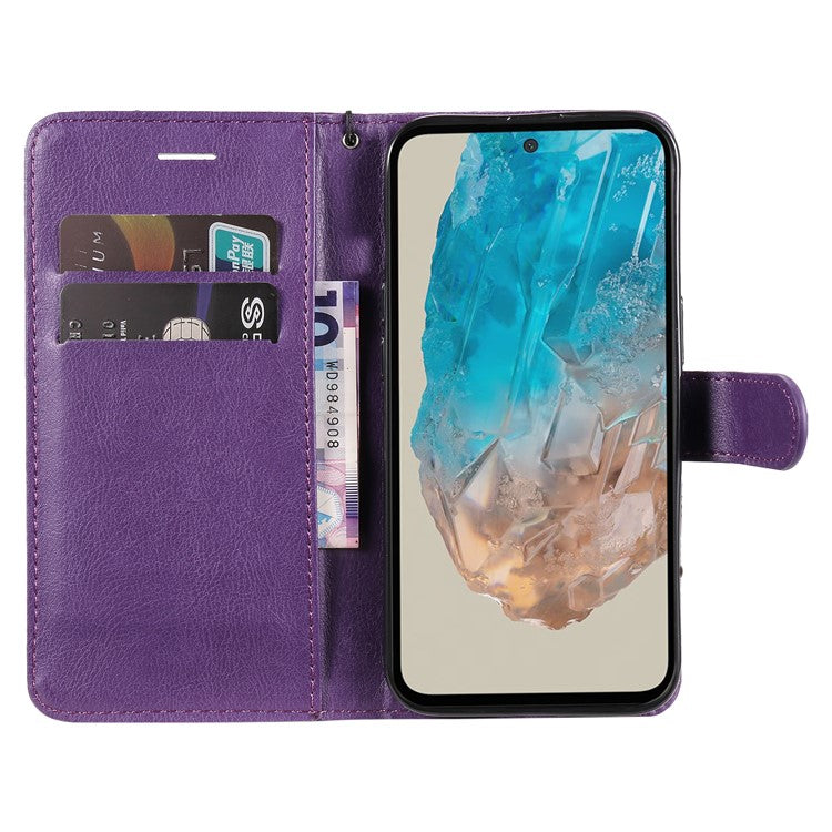 For Samsung Galaxy M35 5G Case Solid Color Leather Mobile Cover Wallet Stand with Strap - Purple