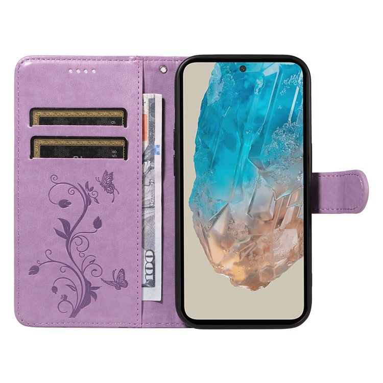For Samsung Galaxy M35 5G PU Leather Cases Flower Pattern Wallet Stand Phone Cover with Strap - Light Purple