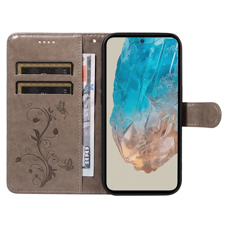 For Samsung Galaxy M35 5G PU Leather Cases Flower Pattern Wallet Stand Phone Cover with Strap - Grey
