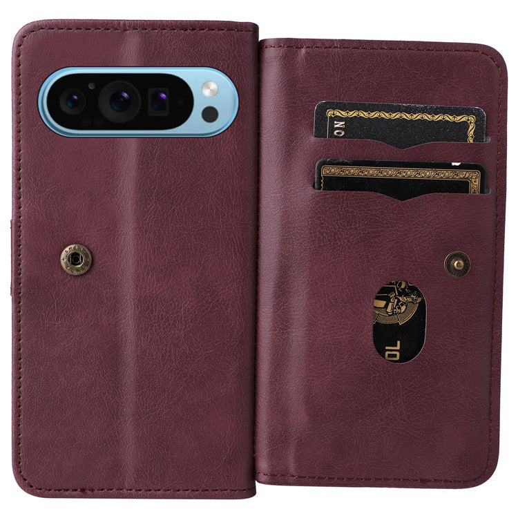 KT Multi-Functional Series-1 For Google Pixel 9 / Pixel 9 Pro Case 10 Card Holder Leather Phone Cover Stand Book Style - Wine Red