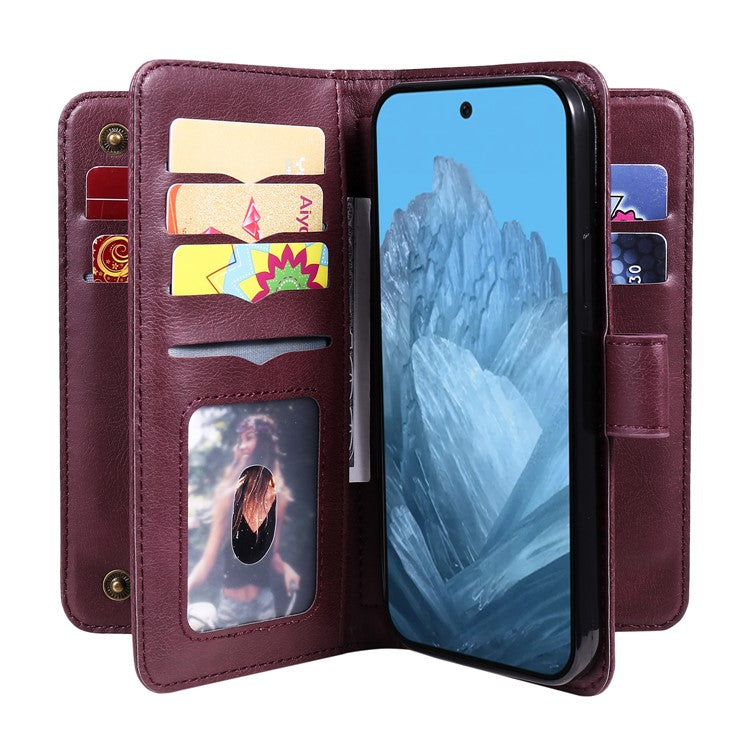KT Multi-Functional Series-1 For Google Pixel 9 / Pixel 9 Pro Case 10 Card Holder Leather Phone Cover Stand Book Style - Wine Red