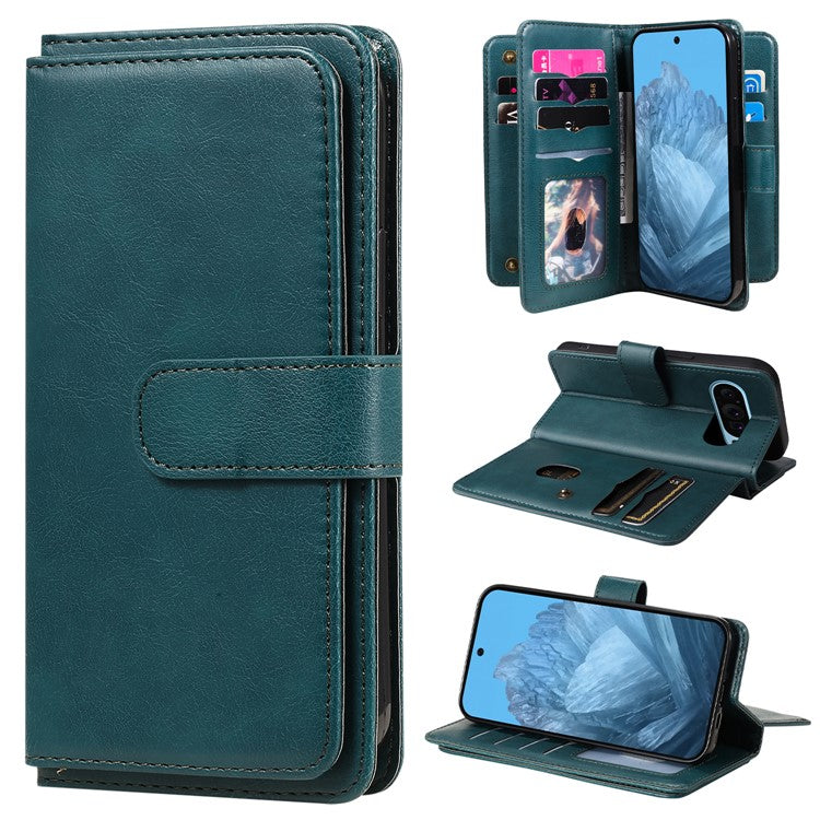 KT Multi-Functional Series-1 For Google Pixel 9 / Pixel 9 Pro Case 10 Card Holder Leather Phone Cover Stand Book Style - Green