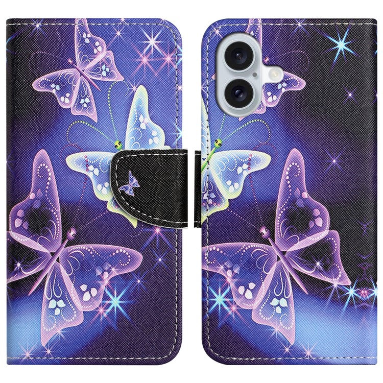 For iPhone 16 Plus Case Pattern Printing Cross Texture Phone Leather Cover - Sparkling Butterfly