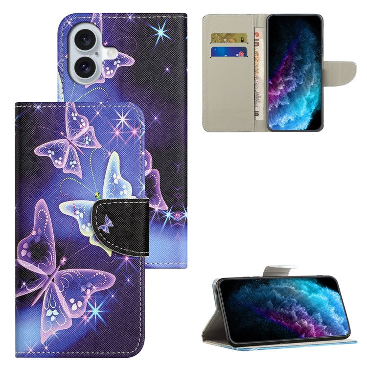 For iPhone 16 Plus Case Pattern Printing Cross Texture Phone Leather Cover - Sparkling Butterfly