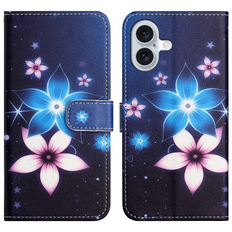 For iPhone 16 Plus Case Pattern Print PU Leather Wallet Phone Cover Cross Texture - Blue Flower