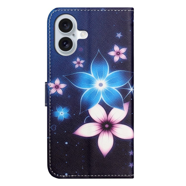 For iPhone 16 Plus Case Pattern Print PU Leather Wallet Phone Cover Cross Texture - Blue Flower