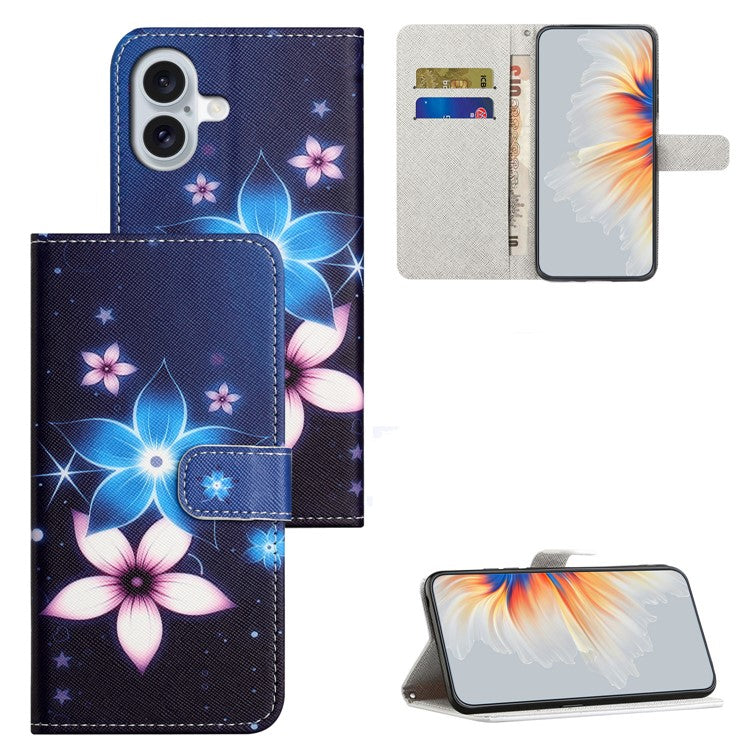 For iPhone 16 Plus Case Pattern Print PU Leather Wallet Phone Cover Cross Texture - Blue Flower