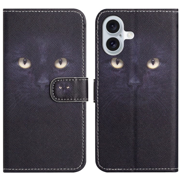 For iPhone 16 Plus Case Pattern Print PU Leather Wallet Phone Cover Cross Texture - Cat's Eye