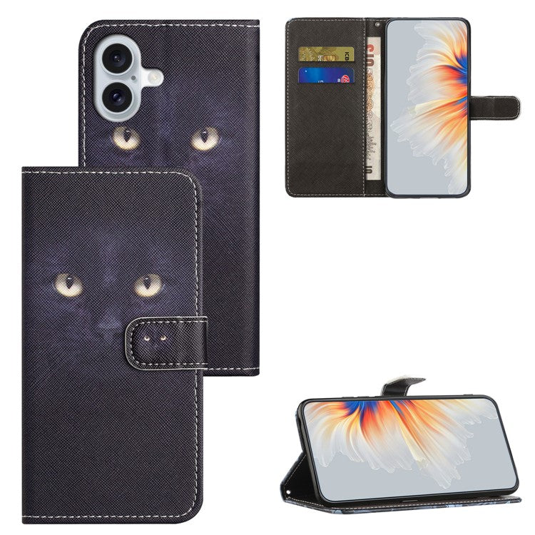 For iPhone 16 Plus Case Pattern Print PU Leather Wallet Phone Cover Cross Texture - Cat's Eye