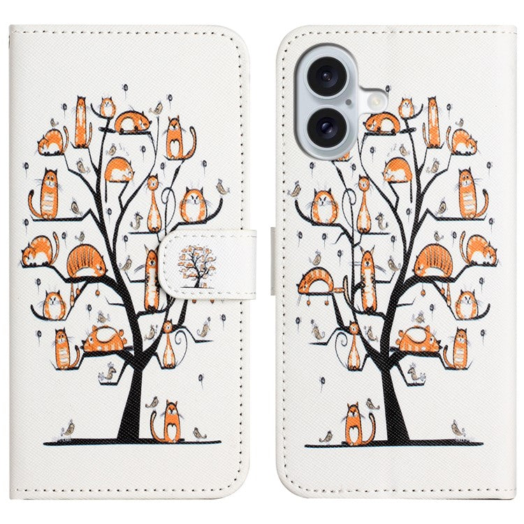 For iPhone 16 Plus Case Pattern Print PU Leather Wallet Phone Cover Cross Texture - Cat and Tree