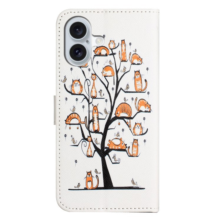 For iPhone 16 Plus Case Pattern Print PU Leather Wallet Phone Cover Cross Texture - Cat and Tree