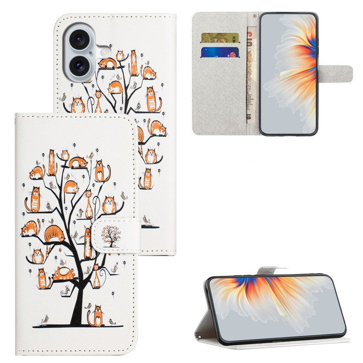 For iPhone 16 Plus Case Pattern Print PU Leather Wallet Phone Cover Cross Texture - Cat and Tree