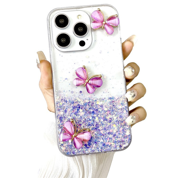 For iPhone 16 Pro Case Aesthetic Butterfly TPU Luminous Starry Phone Cover - Luminous Purple