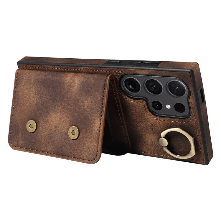 001 For Samsung Galaxy S24 Ultra Case Ring Holder Leather + TPU Anit-Fall Phone Cover - Brown