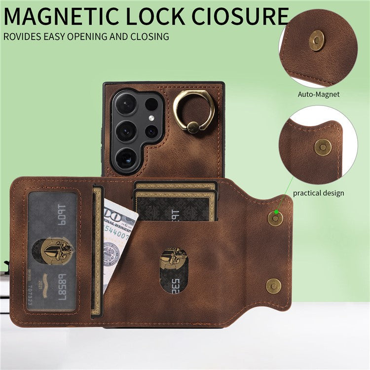 001 For Samsung Galaxy S24 Ultra Case Ring Holder Leather + TPU Anit-Fall Phone Cover - Brown