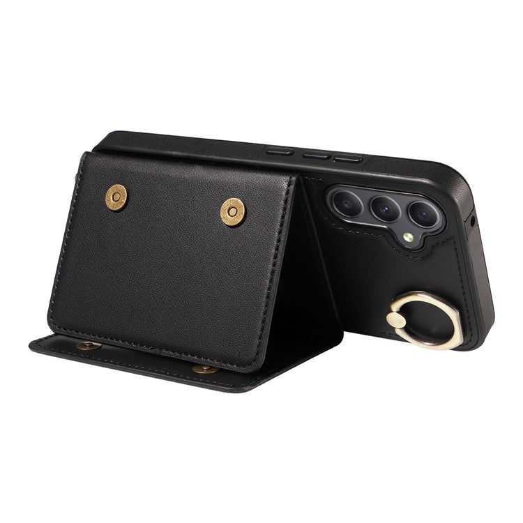 007 For Samsung Galaxy A34 5G Case Calf Texture Leather Phone Back Cover with Lanyard Ring Holder - Black