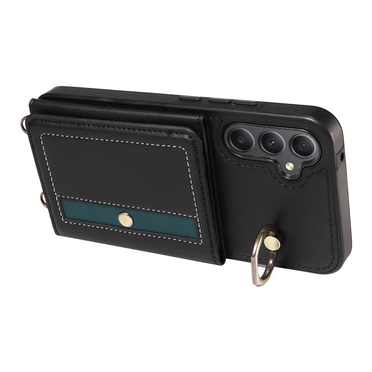 007 For Samsung Galaxy A34 5G Case Calf Texture Leather Phone Back Cover with Lanyard Ring Holder - Black