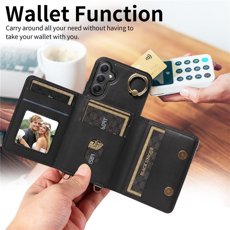 007 For Samsung Galaxy A34 5G Case Calf Texture Leather Phone Back Cover with Lanyard Ring Holder - Black