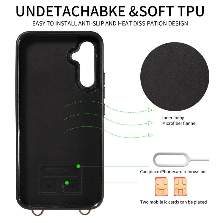 007 For Samsung Galaxy A34 5G Case Calf Texture Leather Phone Back Cover with Lanyard Ring Holder - Black