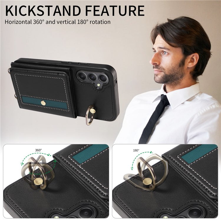 007 For Samsung Galaxy A34 5G Case Calf Texture Leather Phone Back Cover with Lanyard Ring Holder - Black