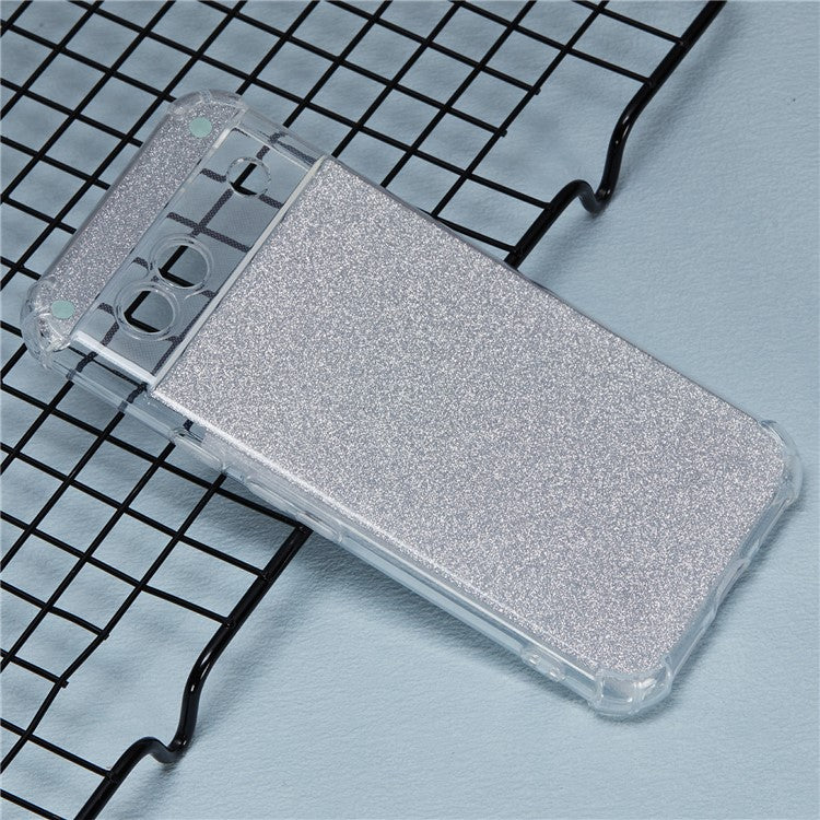 For Google Pixel 8a Case Reinforced Corners TPU Phone Cover with Card Paper - Glitter Silver