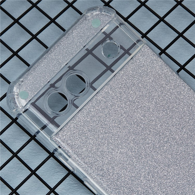 For Google Pixel 8a Case Reinforced Corners TPU Phone Cover with Card Paper - Glitter Silver