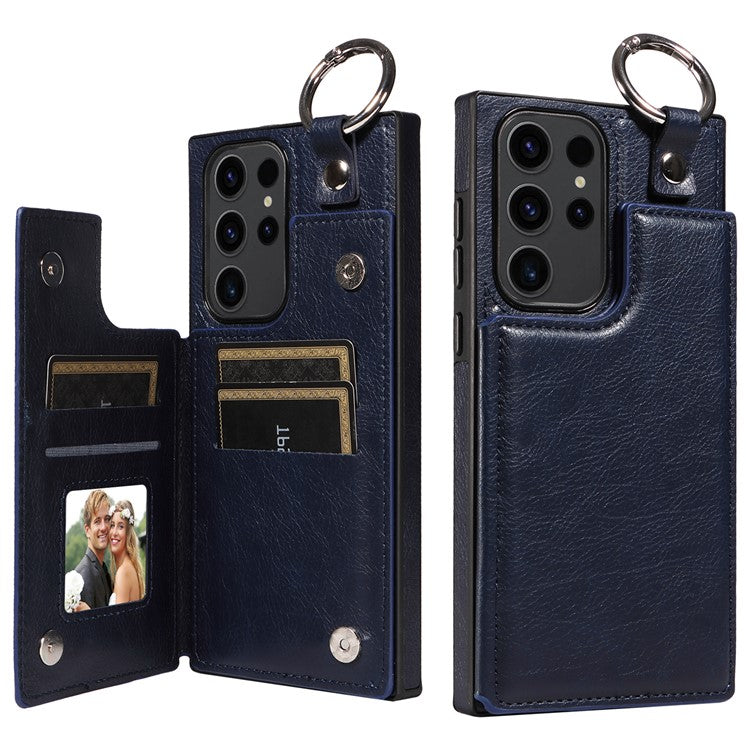 003 For Samsung Galaxy S23 Ultra Case Ring Buckle Card Holder Leather Phone Back Cover Litchi Texture - Sapphire