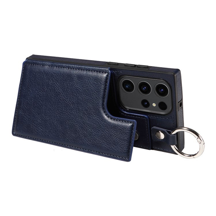 003 For Samsung Galaxy S23 Ultra Case Ring Buckle Card Holder Leather Phone Back Cover Litchi Texture - Sapphire