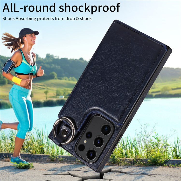 003 For Samsung Galaxy S23 Ultra Case Ring Buckle Card Holder Leather Phone Back Cover Litchi Texture - Sapphire