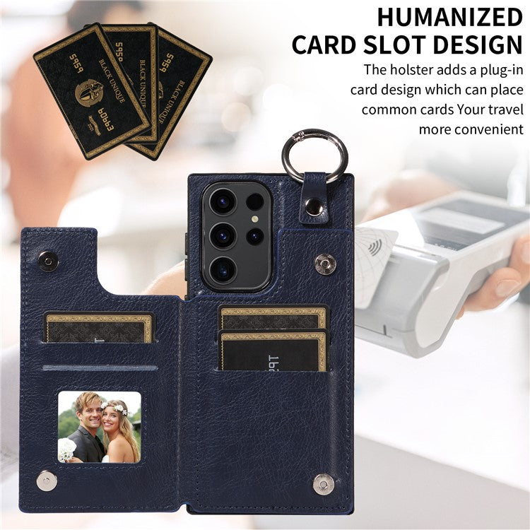 003 For Samsung Galaxy S23 Ultra Case Ring Buckle Card Holder Leather Phone Back Cover Litchi Texture - Sapphire